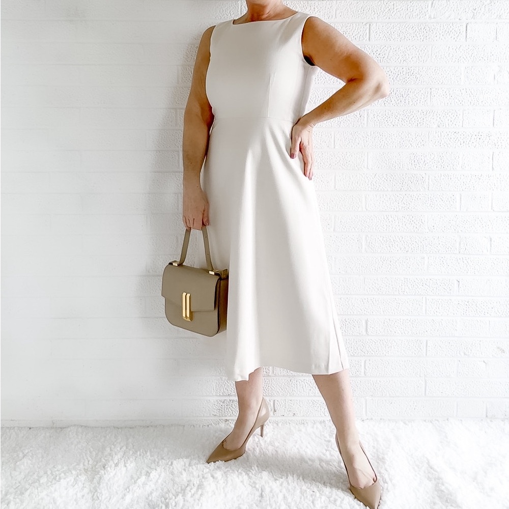 ANN TAYLOR Boatneck Full Midi Dress in Textured Stretch - Beige - 4P